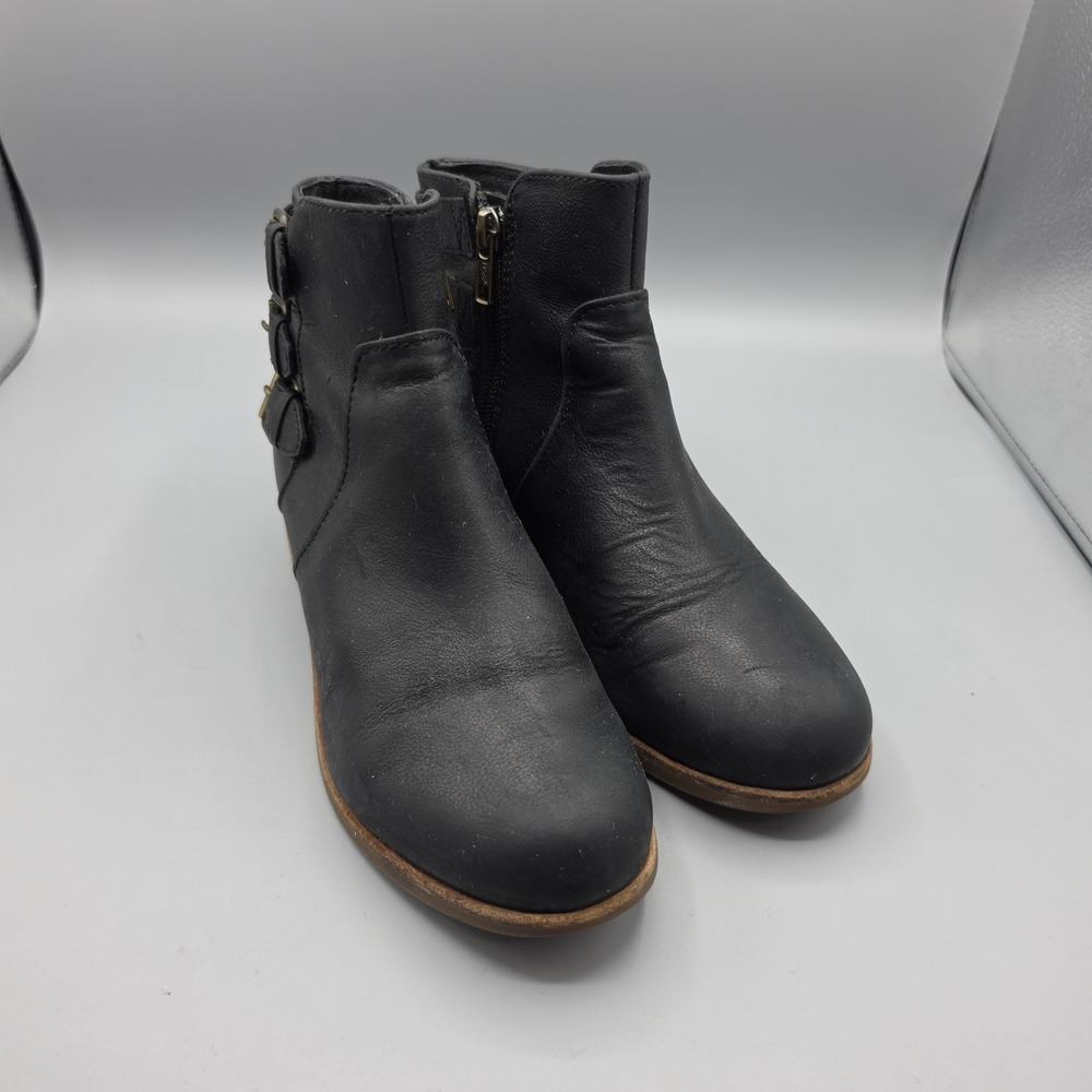 UGG‎ Volta Booties Womens 6 Black Leather Buckles Zipper Shearling Block Heel